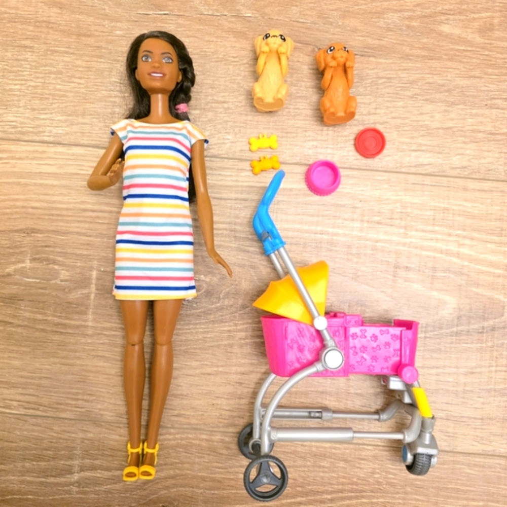 Barbie Pets Stroller And 1 Doll With 2 Pets Set